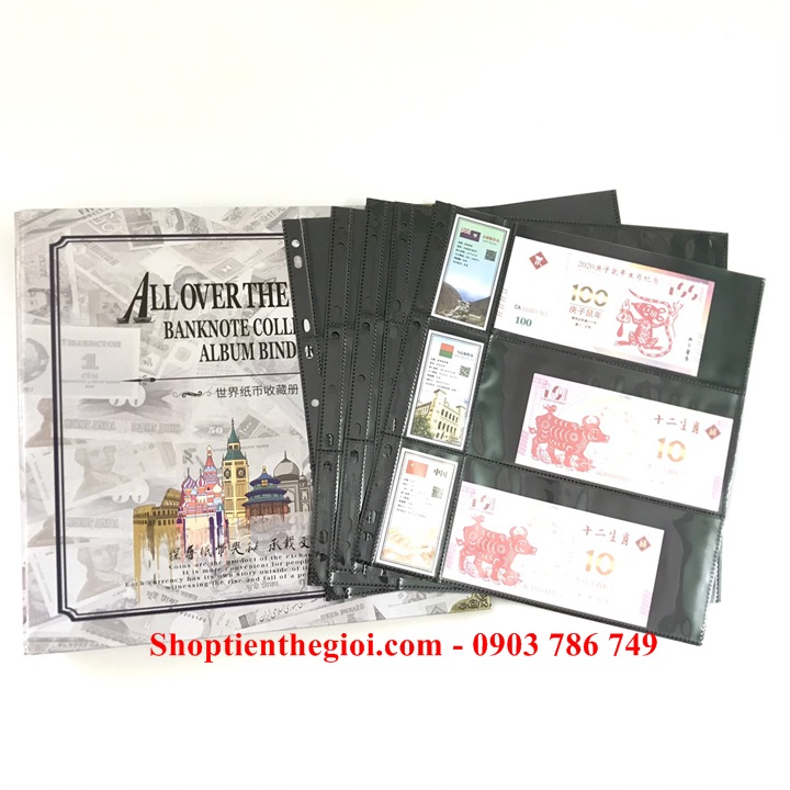 Album tiền quốc tế và 20 phơi tiền 3 ngăn đen đựng 120 tờ tiền - SP005243